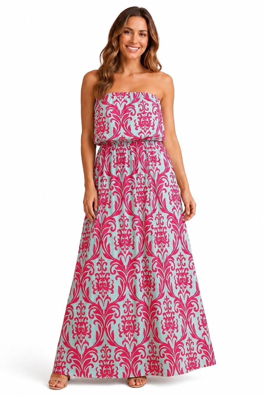 Fashionomics Women’s Large Strapless Maxi Dress Pink Aqua Damask Boho Summer